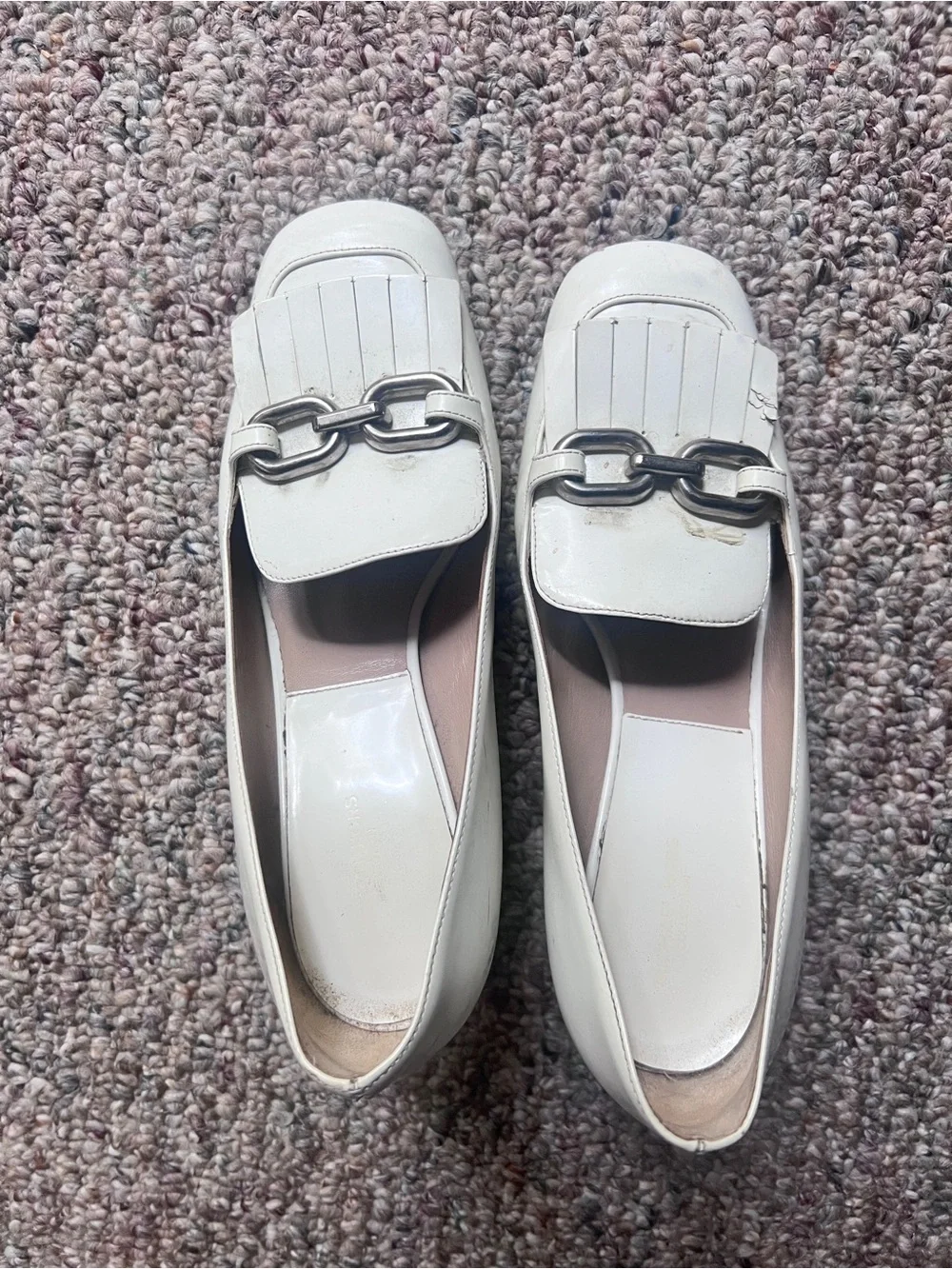 White Block Heel Loafers with Silver Chain Accent